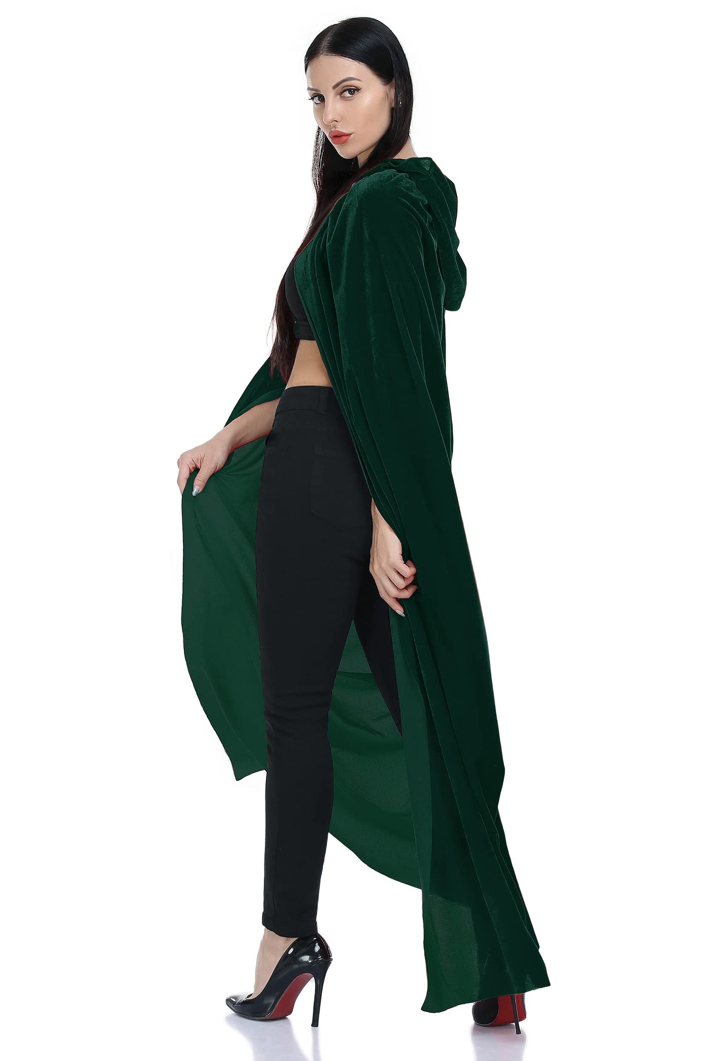 Ammiko Velvet Cape Unisex Cloak with Hood Halloween Costume Hooded cloak Adult Vampire Witch Cape Women Men Green 100cm