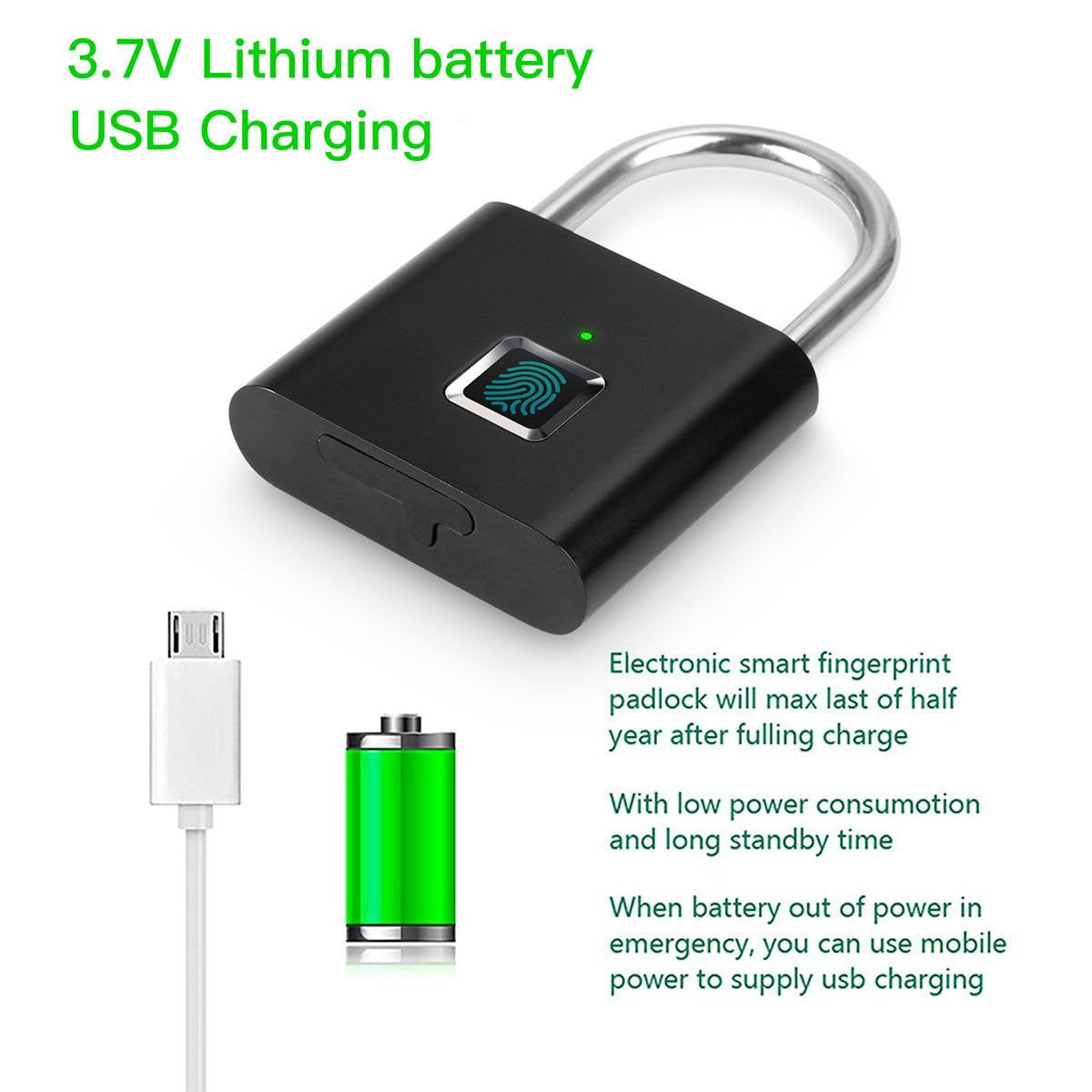 Fingerprint Padlock,AICase Ultra Light One Touch Open Fingerprint Lock with USB Charging for Gym, Sports, School Employee Locker,Fence, Suitcase,Bike No App, No Bluetooth，No Trouble