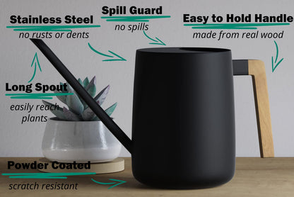 35 Ounce Metal Small Indoor Watering Can with Long Spout & Real Wood Handle for House Plants, Succulents, Cacti & Seedlings - Black Long Spout Watering Can Indoor Plants - Gentle Flow & No Spills