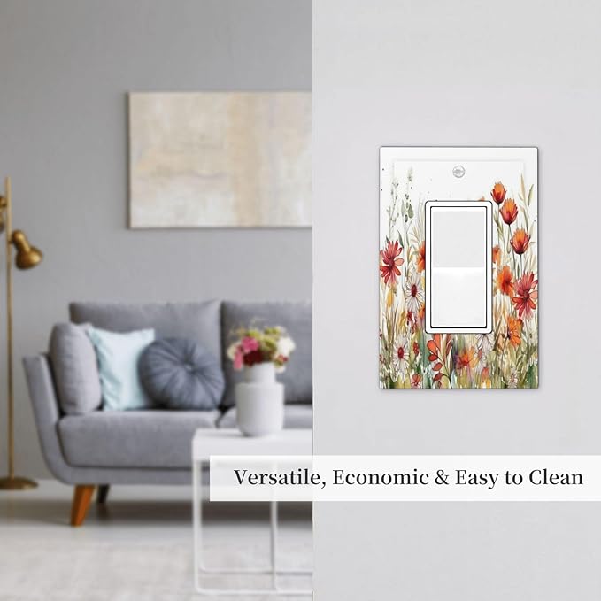 Watercolor Wild Flower Floral Single Rocker Light Switch Covers 1 Gang Outlet Cover Wall Plate Decorative GFCI Switchplate Faceplate for Nursery Bedroom Bathroom Decor