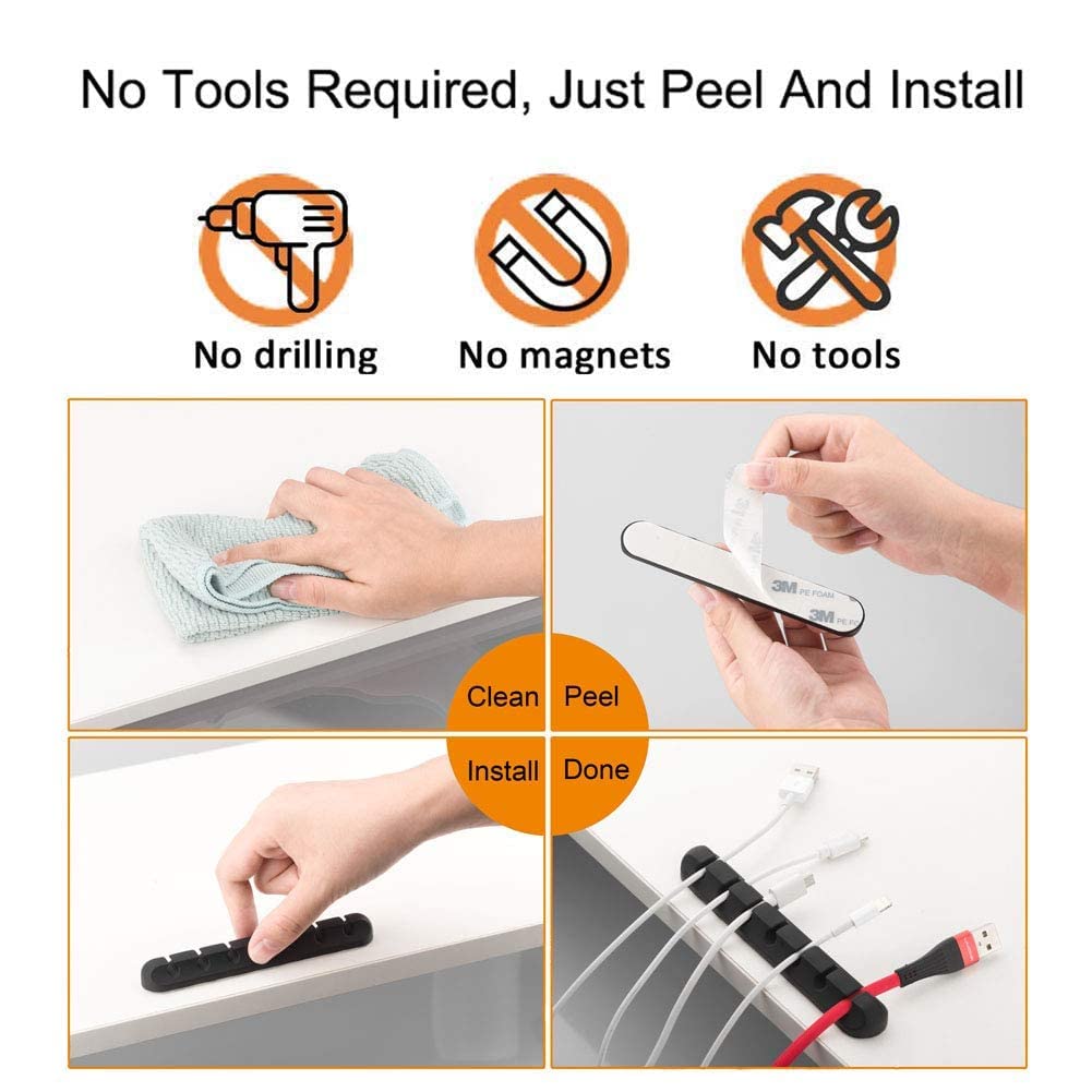 Cable Organizer Clips Cord Holder - 5 Packs Self Adhesive Cable Management for USB Cable/Power Cord/Wire, Car and Desk, Home and Office (7-5-3-1-1 Slots) Black Cord Organizer