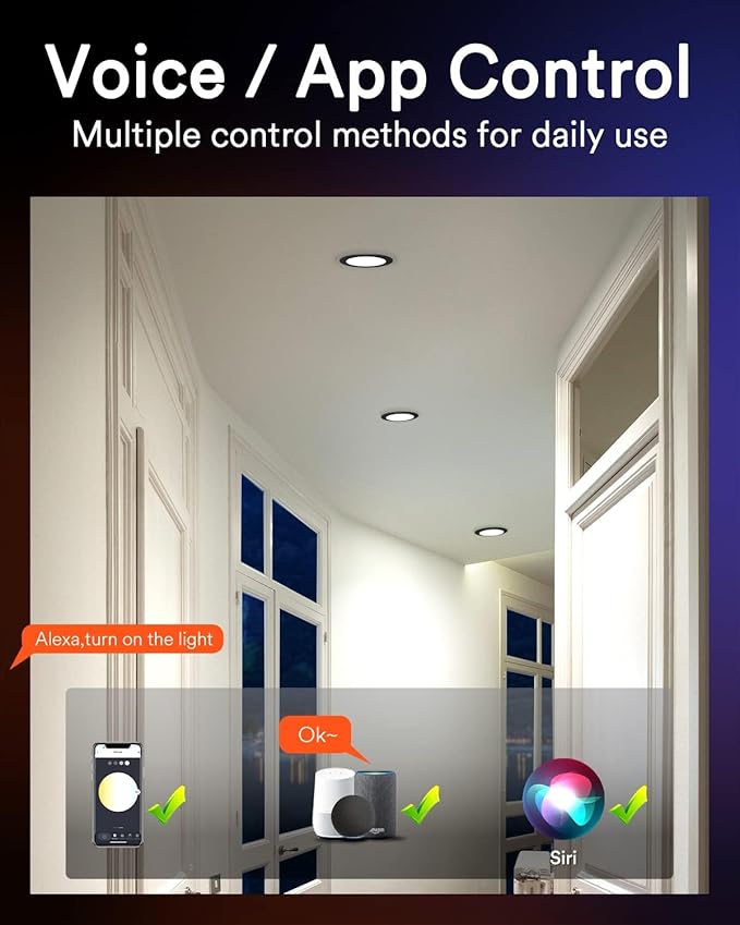 Lumary Black Smart WiFi Recessed Lights 6 Inch, Color Changing LED Recessed Lights with J-Box 13W 1000LM, Dimmable Canless Wafer Downlight, Compatible with Alexa/Google Assistant, ETL Listed, 4 Pack