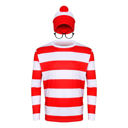 Adult Men Halloween Red and White Striped Long Sleeve Tee Shirt Glasses Hat Outfit Suit Set Funny Cosplay Sweatshirt Costume (XX-Large)