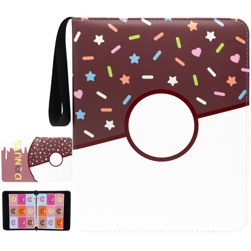 9 Pocket Card Binder 900 Card Holder Album, Pink Donut Trading Cards Holder Zipper Binder for Girl Teen Collection (Choco Donut, 900 Pocket)