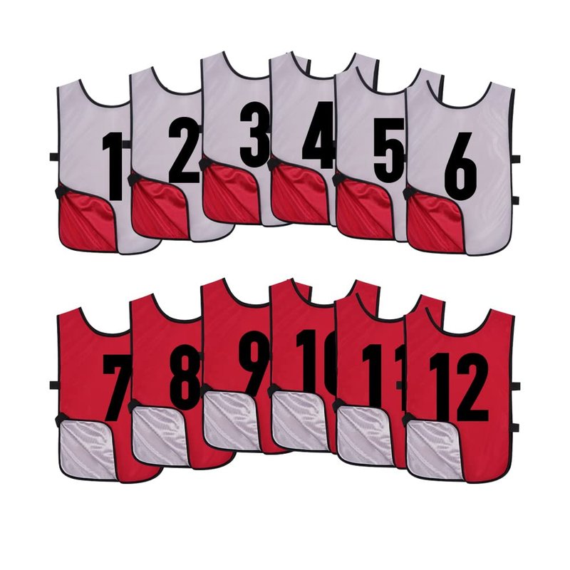 Saaifuu 12 Pack Reversible Numbered Pinnies, Double Sided Scrimmage Vest,Team Practice Jerseys for Kids and Adult(White/Red, XL)