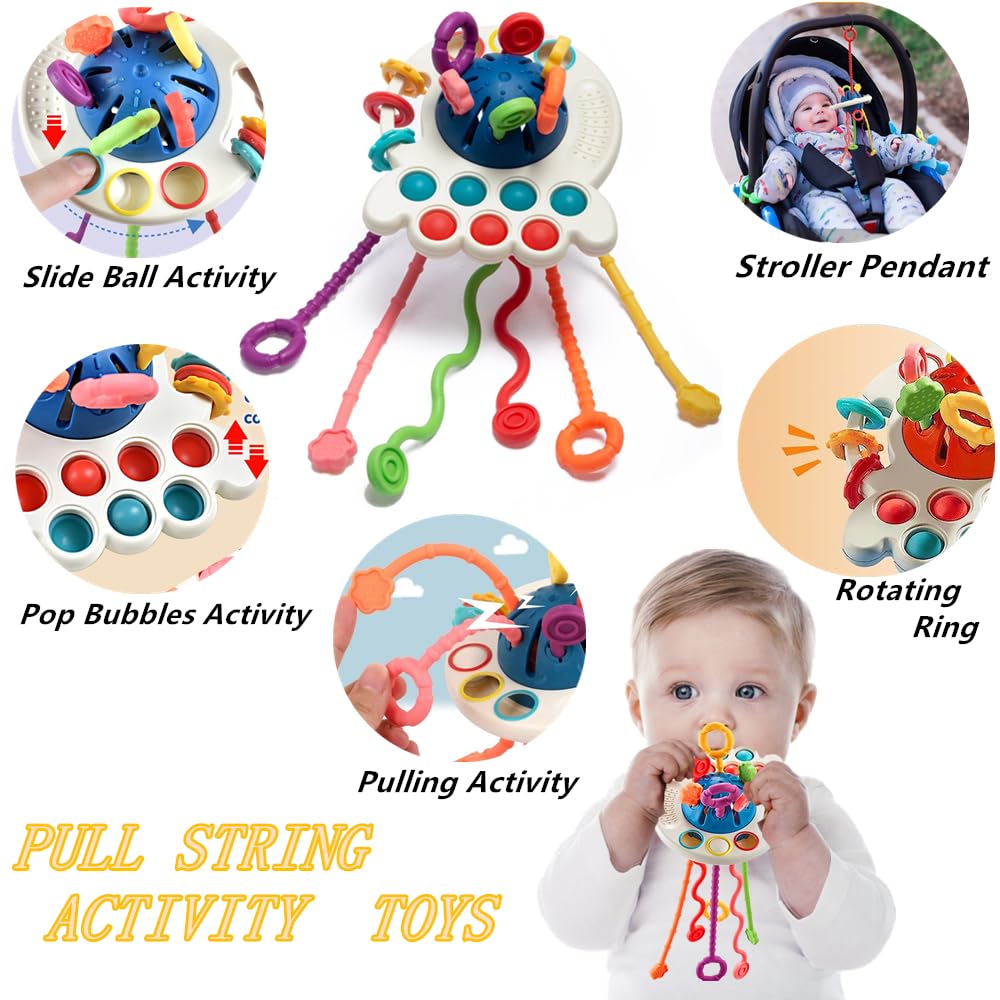 ELLECK Baby Toys 6 to 12 Months, Montessori Toys for 1 Year Old, Silicone Pull String Teething Toy, Stacking Building Blocks Infant Toddler Toy 0-3, Color Shape Bin Sensory, Baby Boys&Girls Gifts