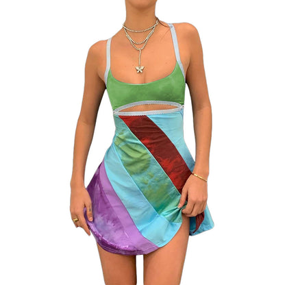 Women's Vintage Print Semi-Sheer Sheath Dress 2004s Fashion Bodycon Mini Slip Dress Retro Bandana Print Fitted Strap Dress (Green, S)