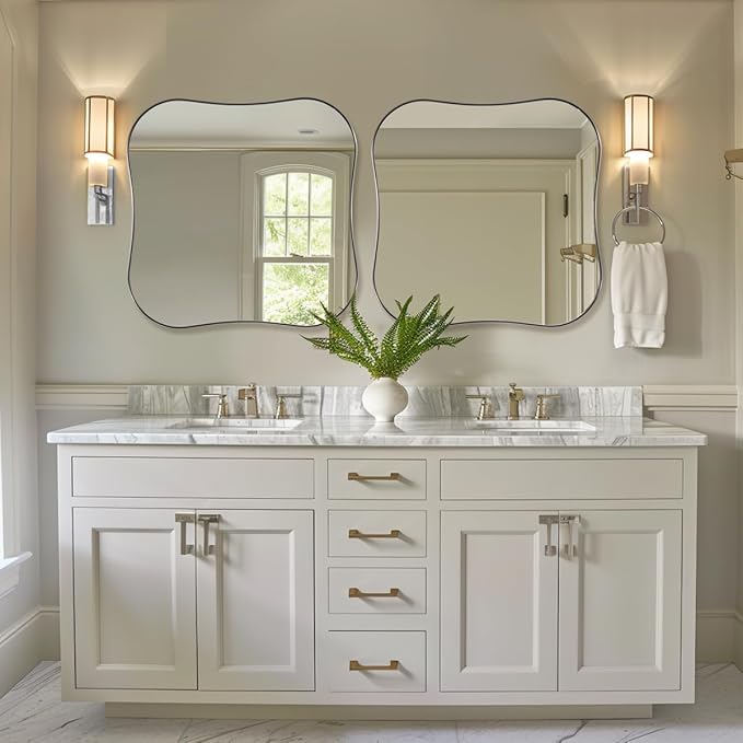 ANDY STAR 30x30 Inch Brushed Nickel Bathroom Mirror,Square Scallope Mirror with Unique Notched Edges Design in 1 Inch Stainless Steel Metal Frame Wall Mounted Mirror for Home Bathroom