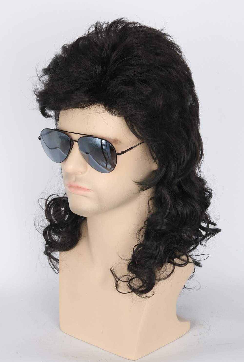 Topcosplay Men's 80s Mullet Wig - Black Curly Male Wig for Halloween Costumes, Punk Rocker Style