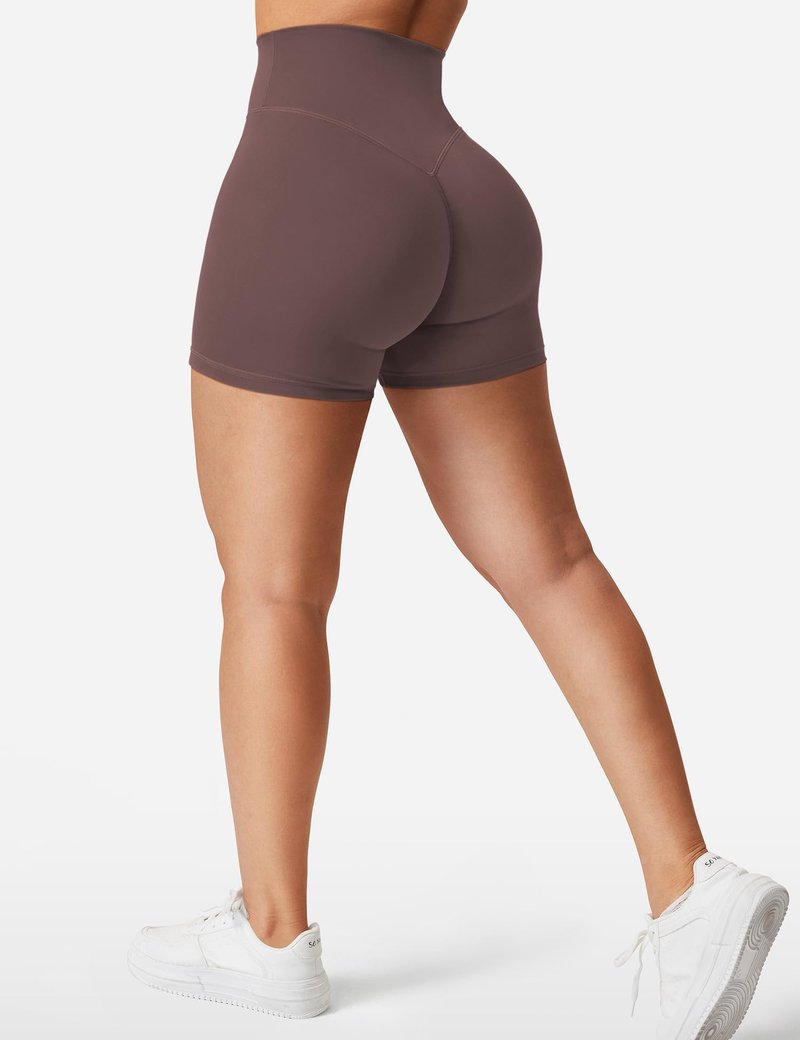 YEOREO Women's Biker Shorts 3.6" / 4.5" / 6" Workout Gym Shorts High Waist Tummy Control Hidden Scrunch Running Yoga Plum Brown