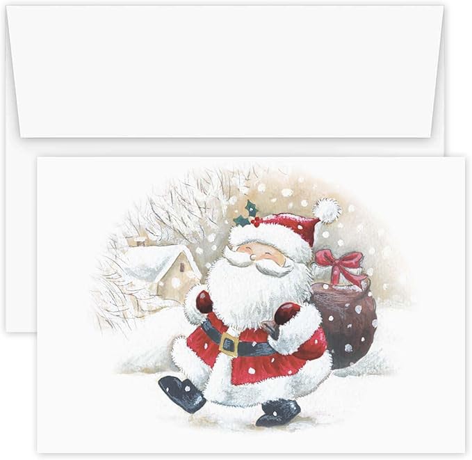 Canopy Street Masterpiece Happy Santa Christmas Cards / 16 Holiday Cards With Coordinating White Envelopes Set / 5 5/8" x 7 7/8" Jolly Winter Greeting Cards With Inside Verse/Made In The USA