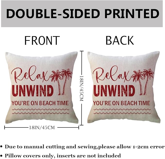 ULOVE LOVE YOURSELF Coastal Beach Throw Cushion Covers Double-Sided Tropical Palm Paddles Anchor Starfish Summer Beach House Decorative Pillowcase 18 x 18 Inch 4Pack Porch Patio Decor (Red)