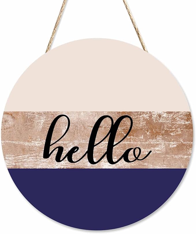 Welcome Sign for Front Door Porch Retro Beige Purple Hello 12in Round Wreath Wall Decor for Farmhouse Home Outdoor Indoor