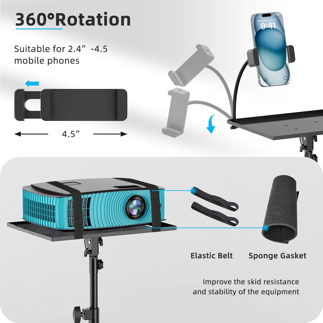 GZGDLJQ Projector Stand with Wheels, Laptop Tripod from 29" to 69" with Mouse Tray, Adjustable Height DJ Racks Stands with Gooseneck Phone Holder, for Office, Home, Stage, Studio, 1 Pack Black