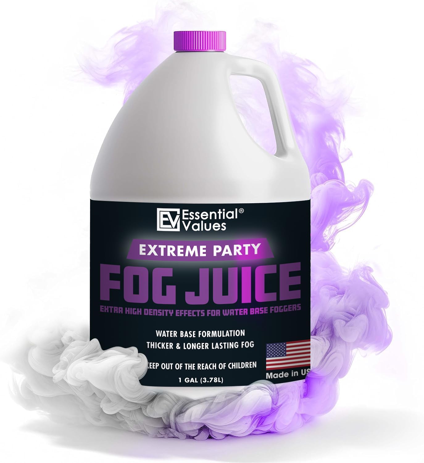 Essential Values Fog Machine Fluid - Extreme High Density (128 FL OZ / 1 Gallon) Manufactured in USA – White-Out Conditions with Lasting HEAVY Fog for Water Based Foggers Designed for 700 Watts+