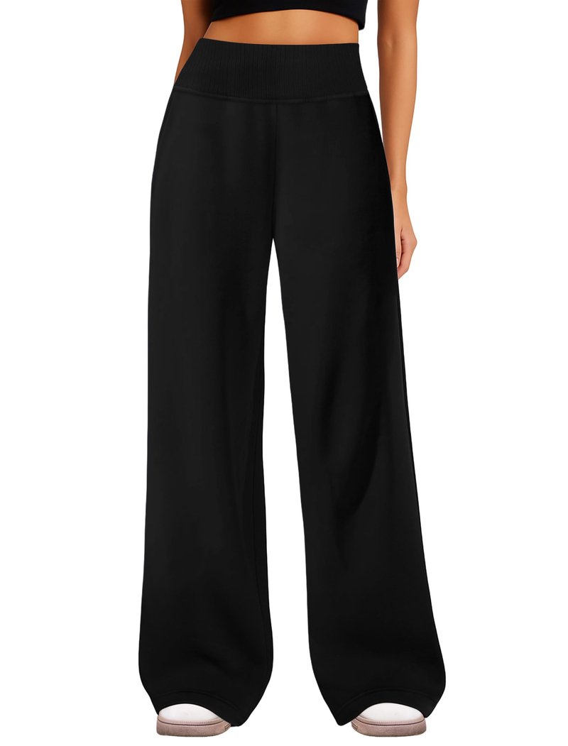 IWD Wide Leg Sweatpants Women High Waist Fleece Lined Sweat Pants Baggy Straight Athletic Pants with Pockets Black, Medium