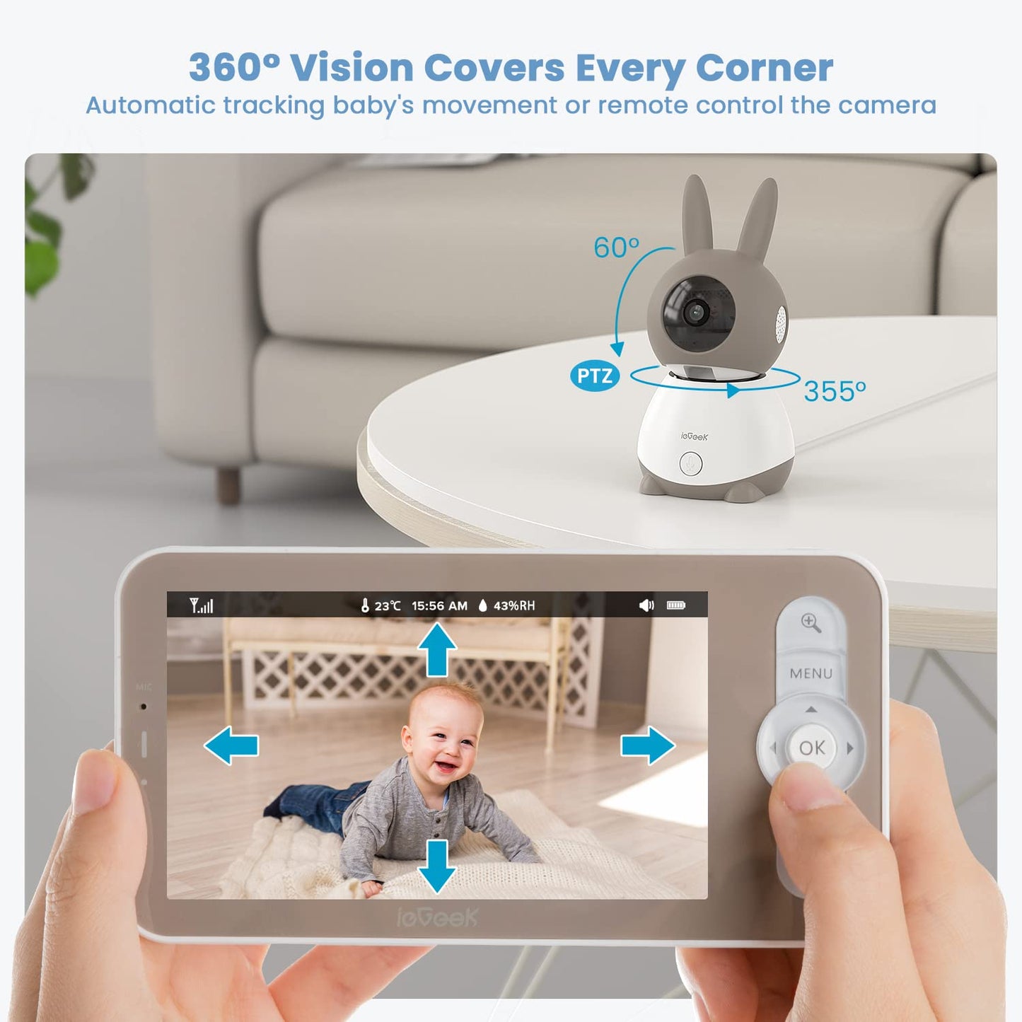 ieGeek 2K Split-Screen Baby Monitor, 5" Audio Baby Monitor with 2 Cameras, WiFi Smartphone Video Dual Camera, Night Vision, Motion & Cry Detection, Two Way Talk Temper &Humidity Sensor