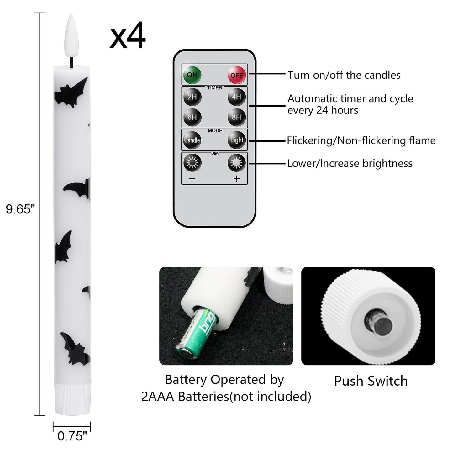GenSwin Halloween Flameless Taper Candles, 4 Pack LED Taper Candles Battery Operated with Remote Timer, Real Wax White Flickering Flameless Candlesticks with Bat Prints for Spooky Decor(0.75” x 9.65”)