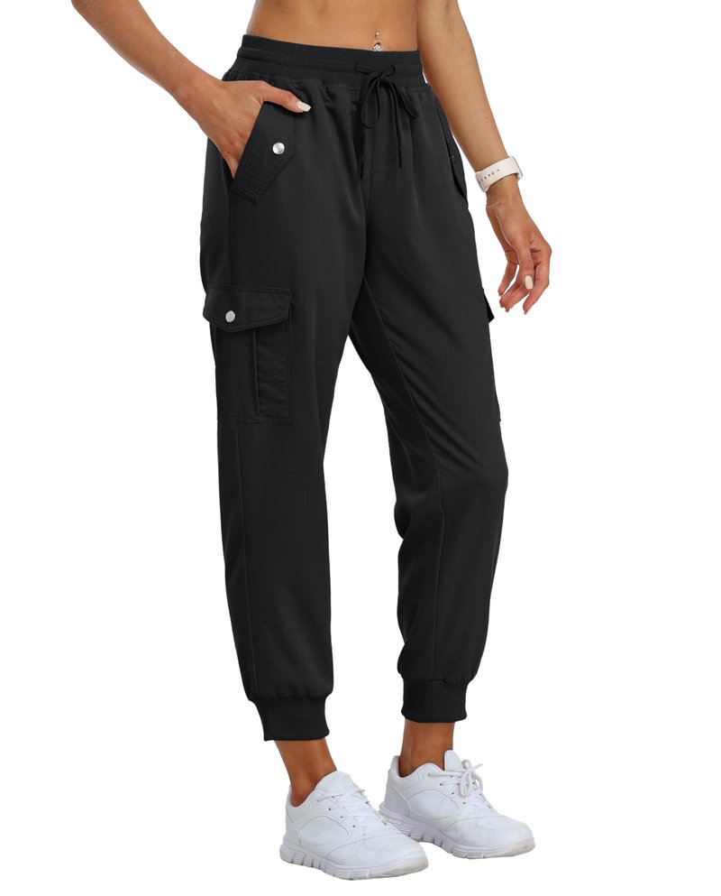 MoFiz Women's Outdoor Cargo Pants Lightweight Joggers Elastic Waist Athletic Hiking Sweatpants Casual Travel Pant with Pocket Black M