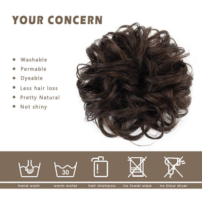 100% Human Hair Scrunchies, BARSDAR Curly Messy Bun Hairpiece Extensions Wedding Hair Pieces for Women Messy Bun Real Hair Updo Donut Chignons 2# Dark Brown