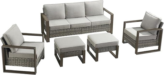 Rilyson Outdoor Wicker Patio Furniture Set - 5 Piece Patio Conversation Set with 2 Wicker Armrest Chairs,2 Rattan Ottoman and 1 Couch,Sturdy Frame,Thick Cushions,Deep Seating(Mixed Grey/Grey)