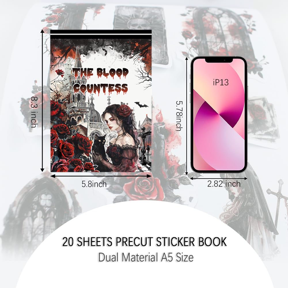 Dwetpzo Halloween Precut Scrapbook Sticker Book for Adults, Transparent PET & Writing Paper Stickers, Adhesive Sticker for Journaling, Junk Journals, Scrapbooking Supplies, 20 Sheets, A5