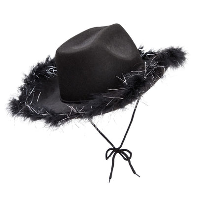 Juvolicious Black Cowgirl Hat - Medium Adjustable - Sparkly Feathered Costume Cowboy Hat for Women & Men - Western Party Accessory