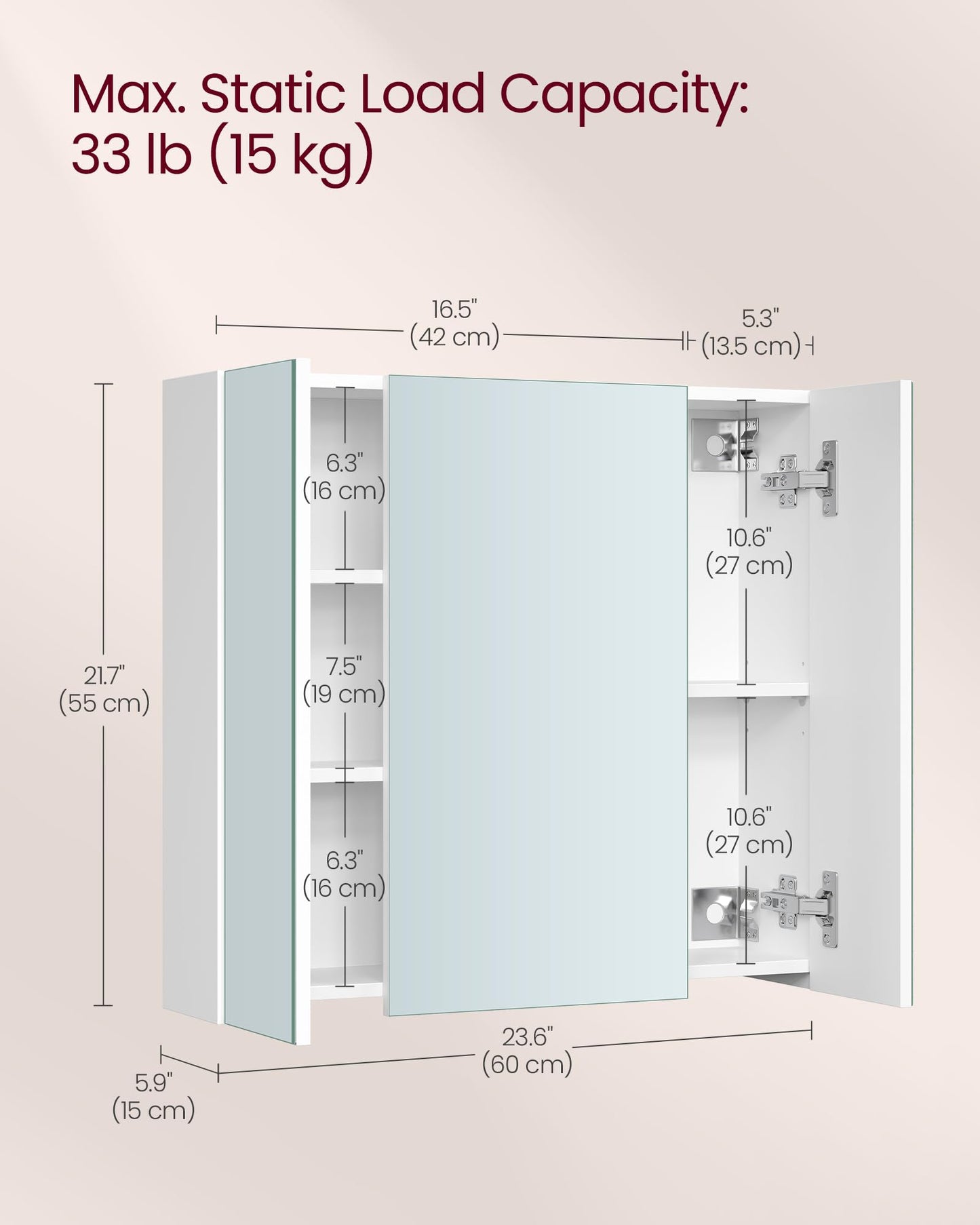 VASAGLE BBK22WT Bathroom Wall Cabinet with Mirror, 3 Door Storage Unit, 60 x 15 x 55 cm, with Adjustable Shelf, Modern, White BBK22WT