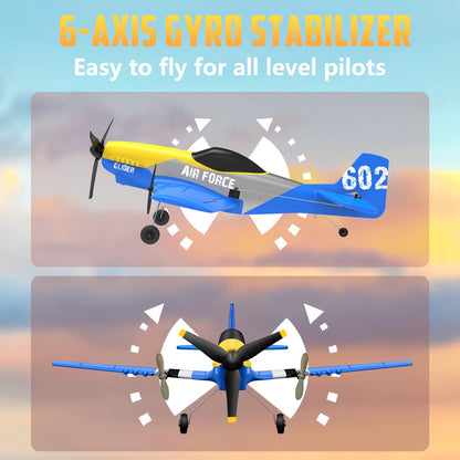 HAWK'S WORK 3 Channel RC Plane P-51D Mustang, Remote Control Airplane Ready to Fly, 2.4GHz 6-axis Gyro Stabilizer, Easy to Fly for Kids & Beginners