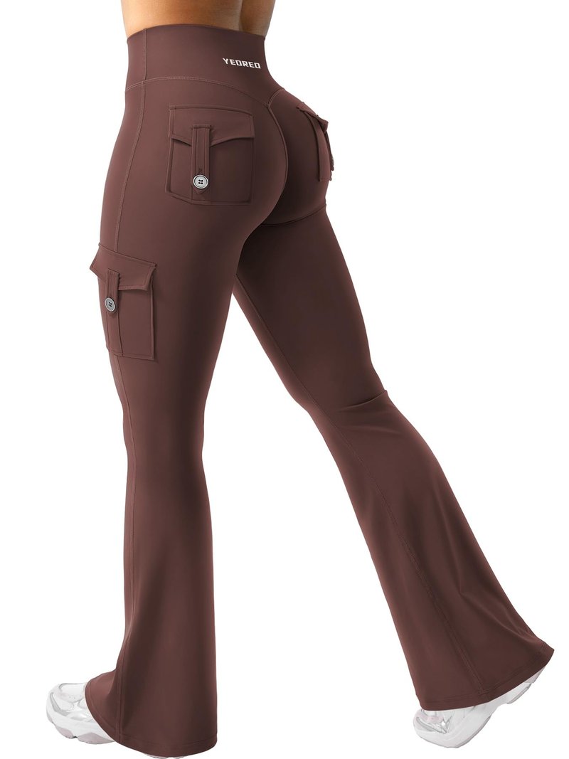 YEOREO CoreFlex Women Workout Flare Leggings with Pockets Hidden Scrunch Cargo Gym Yoga No Front Seam Leggings Chocolate L