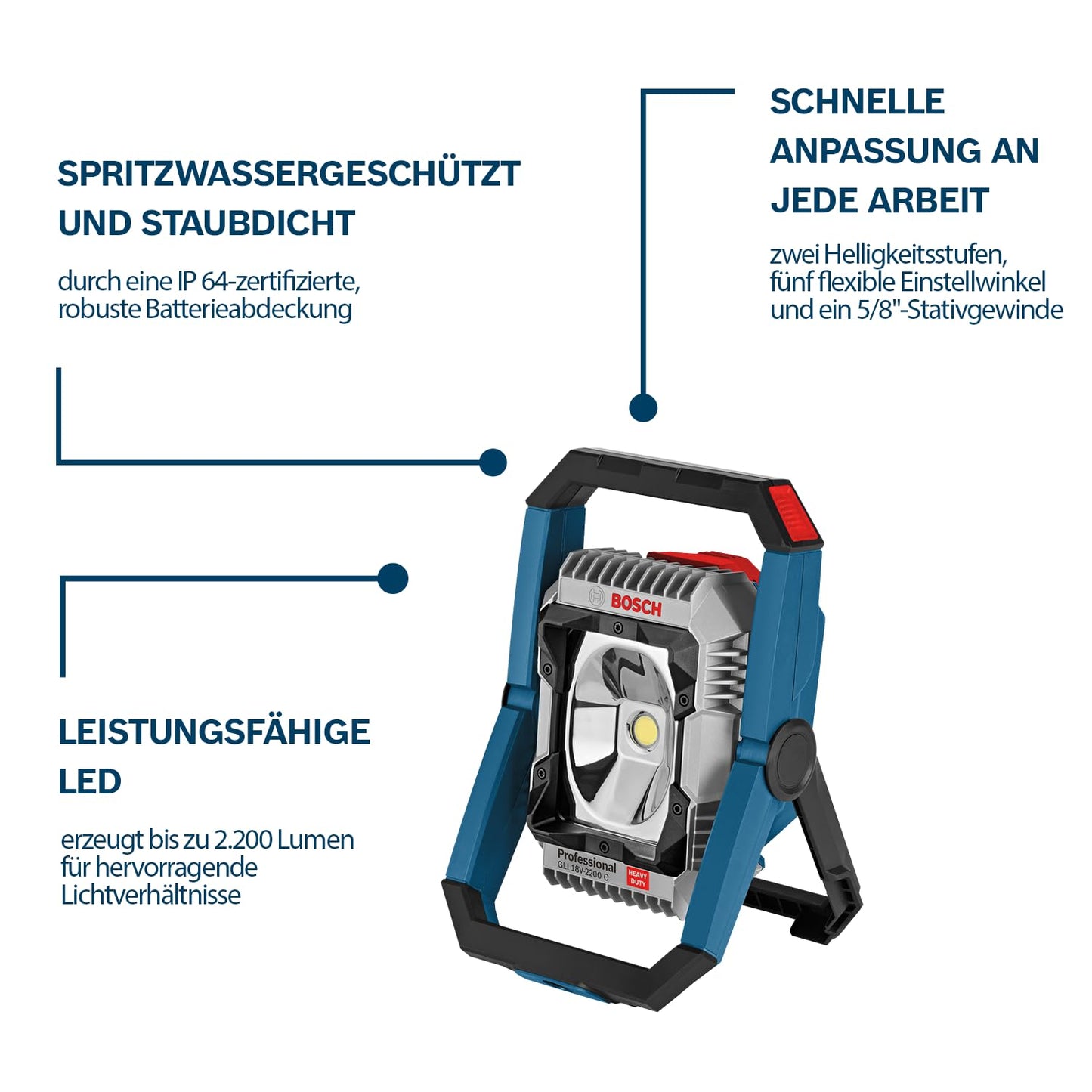 Bosch Professional 18V System Cordless LED Construction Site Floodlight GLI 18V-2200 C (max. brightness 2200 lumen, Connect Ready, without battery/charger)