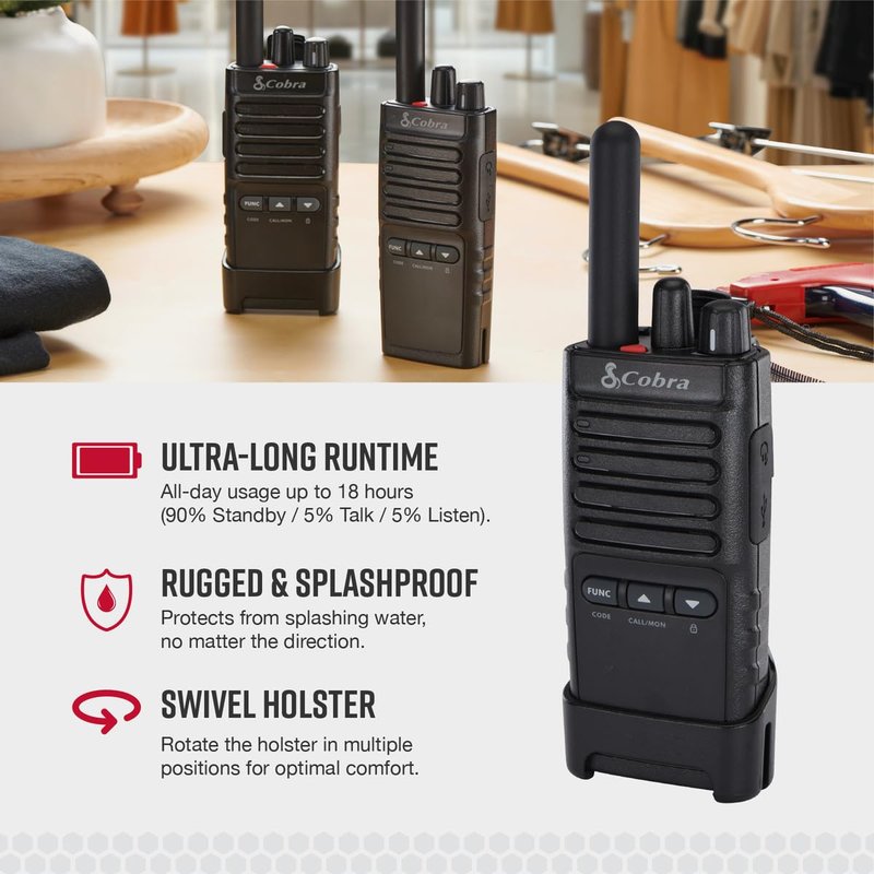 Cobra PX650 - Professional/Business Walkie Talkies - Rechargeable, 300,000 sq. ft/25 Floor Range, Dust Protected and Splashproof (IP54 rating), Two-Way Radio Set (2-Pack)