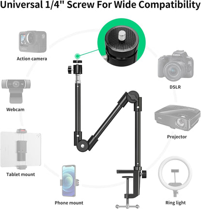 Webcam Stand Camera Mount with Phone Holder & 5/8" Screw, 22in Flexible Projector Stand Gooseneck Desk Mic for Logitech C922 C930e C920 C615 C960 Brio 4K, GoPro, Blue Yeti Snowball Ice