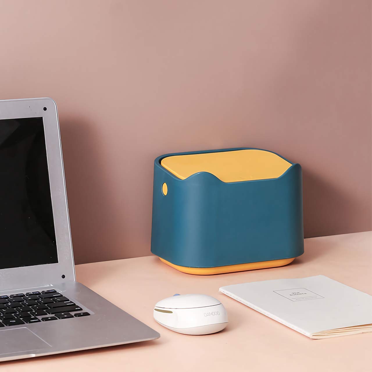 YAGGOOD Small desk bin mini waste bin with lid kids dustbin trash can for classic desk, desktop, bedroom, office table top bin in blue and yellow color