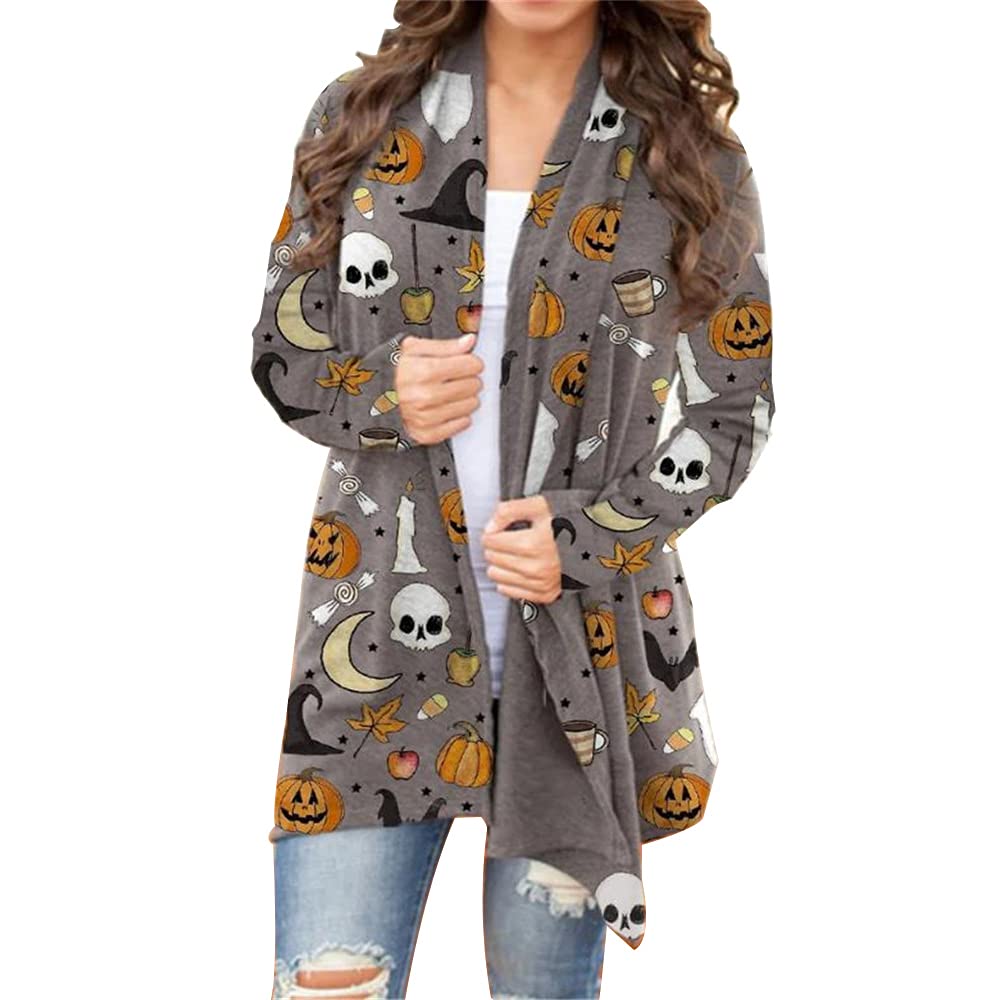 BOUTIKOME Women's Halloween Cat Pumpkin Cardigan Long Sleeve Open Front Knit Outwear Coat Plus Size Knitting Sweater Top(Gray, M)