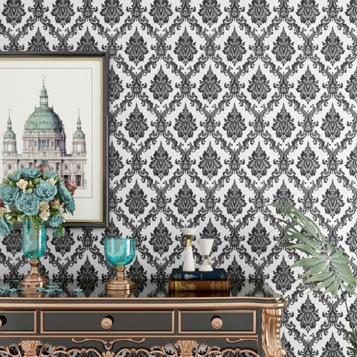 ReWallpaper Black and White Damask Wallpaper Peel and Stick Vintage Black Floral Victorian Wallpaper for Bedroom Self Adhesive Removable Dark Floral Contact Paper for Cabinets Drawers 17.7inX6.5ft