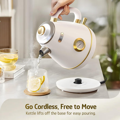 Hazel Quinn Retro Electric Kettle - 1.7 Liters / 57.5 Ounces Tea Kettle with Thermometer, All Stainless Steel, 1200 Watts Fast Boiling, BPA-free, Cordless, Automatic Shut Off - Pearl White