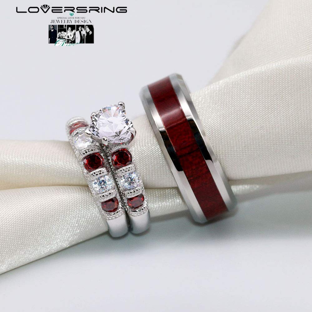 LOVERSRING Two Rings His and Hers Wedding Ring Sets Couples Rings White Gold Plated Stainless Steel Wedding Engagement Ring Bridal Sets Men's Tungsten Carbide Band