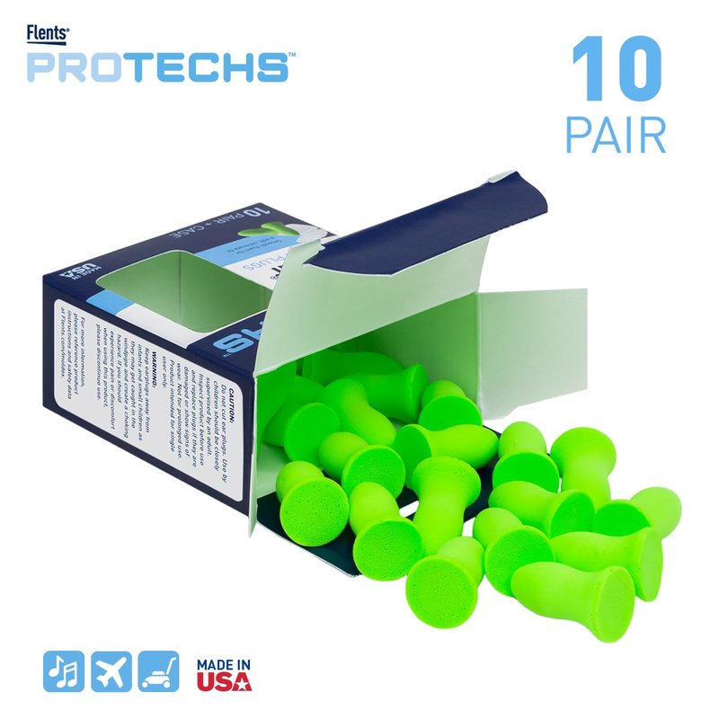 Flents Protechs Foam Ear Plugs, 10 Pair with case Sleeping, Snoring, Loud Noise, Traveling, Concerts, Construction, Studying, Work, Shooting, NRR 33, Noise Cancelling, Green, Made in the USA