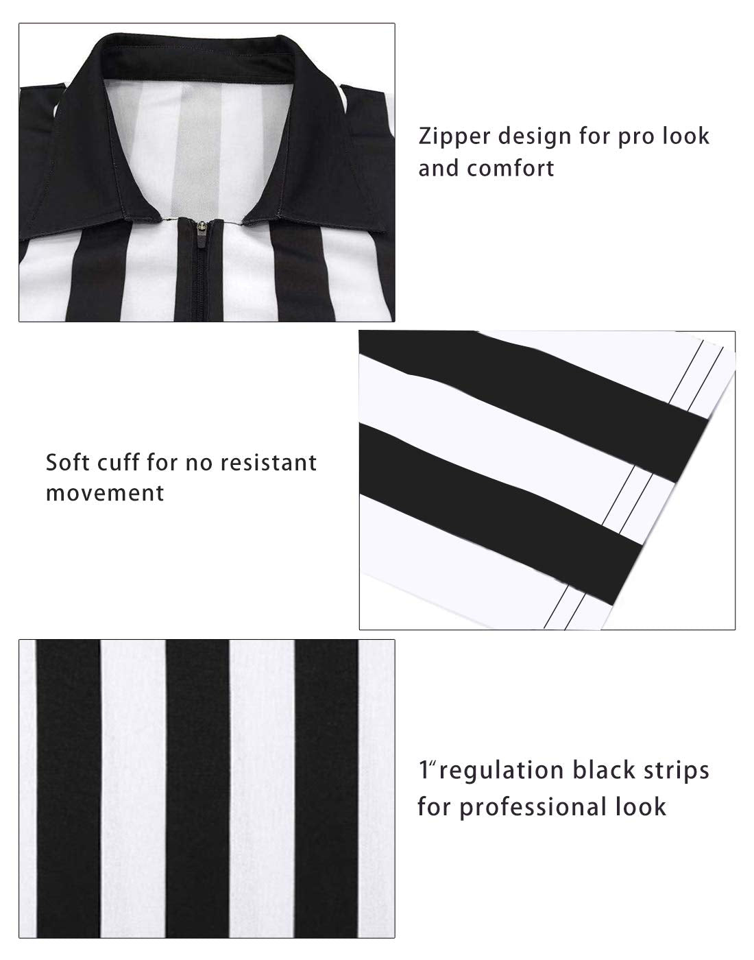 ChinFun Official Referee Costume Shirt Women's Ref Shirt Zipper Collared Black and White Stripe Umpire Jersey Shirt for Basketball Football Soccer Rugby Sports Halloween Size 2XL