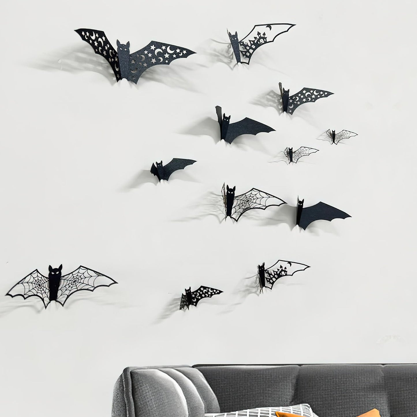 24Pcs Large Halloween Bats Decorations - 3D Self-Adhesive PVC Scary Wall Decor, Hollow Out Waterproof Black Stickers for Indoor Party Supplies, Door and Room Decals