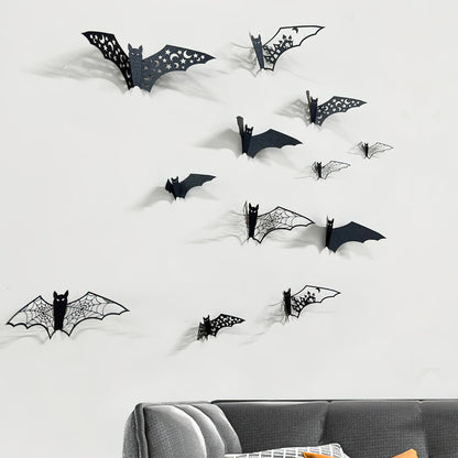 24Pcs Large Halloween Bats Decorations - 3D Self-Adhesive PVC Scary Wall Decor, Hollow Out Waterproof Black Stickers for Indoor Party Supplies, Door and Room Decals