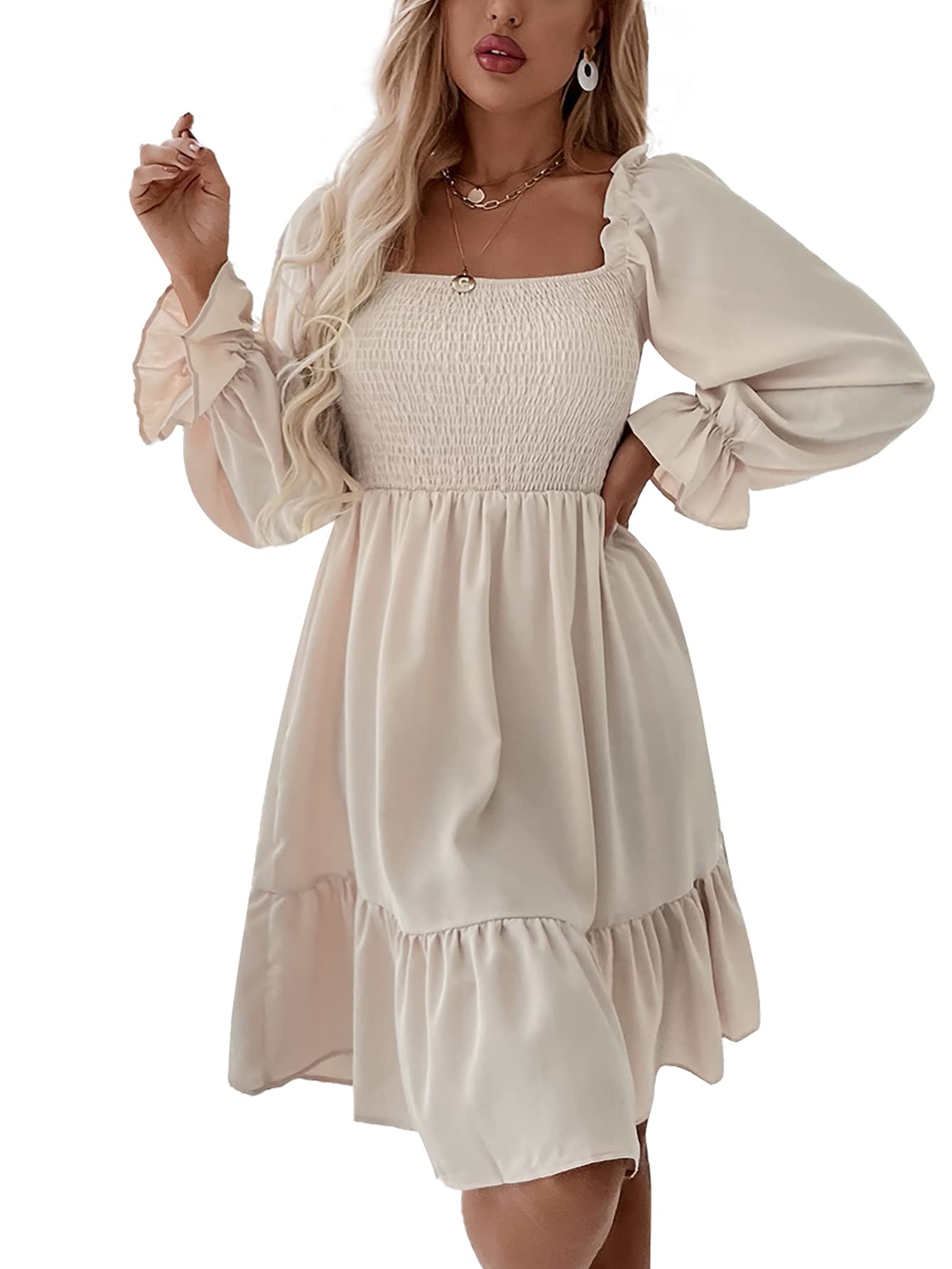 LYANER Women's Square Neck Lantern Long Sleeve Ruffle Shirred Flowy Party Mini Dress Solid Beige Small