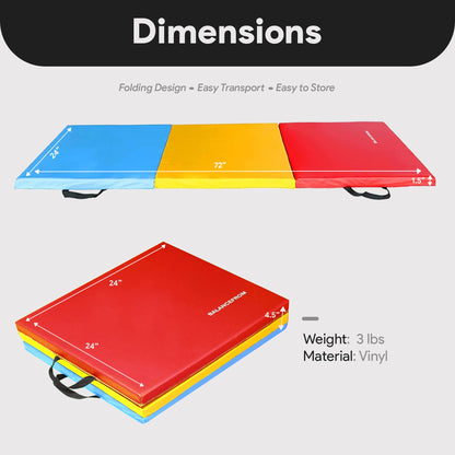 BalanceFrom 6x2 Feet 3-Panel Folding Gymnastics Mat – 1.5-Inch Thick Pad with Vinyl Surface and Carrying Handles for Tumbling, Yoga, Pilates, Home Workouts, and Martial Arts