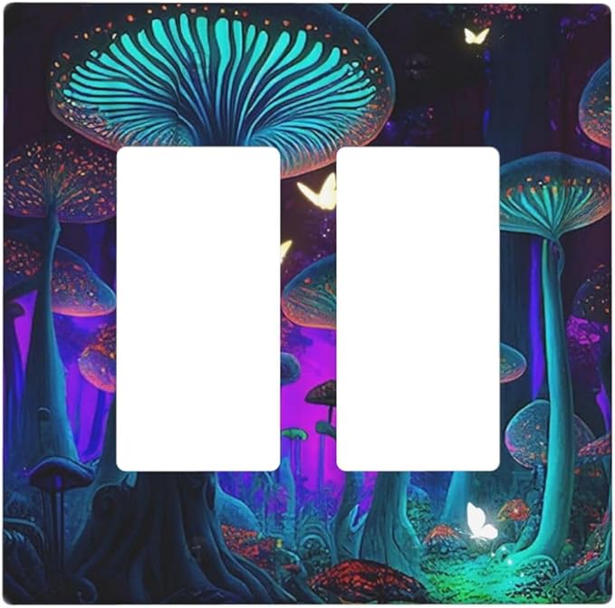 Fantasy Mushroom Forest Glowing Butterfly Double Rocker Light Switch Cover 2 Gang Wall Plate Covers Decorative Electrical GFCI Outlet Plates for Home Bathroom Kitchen Decor