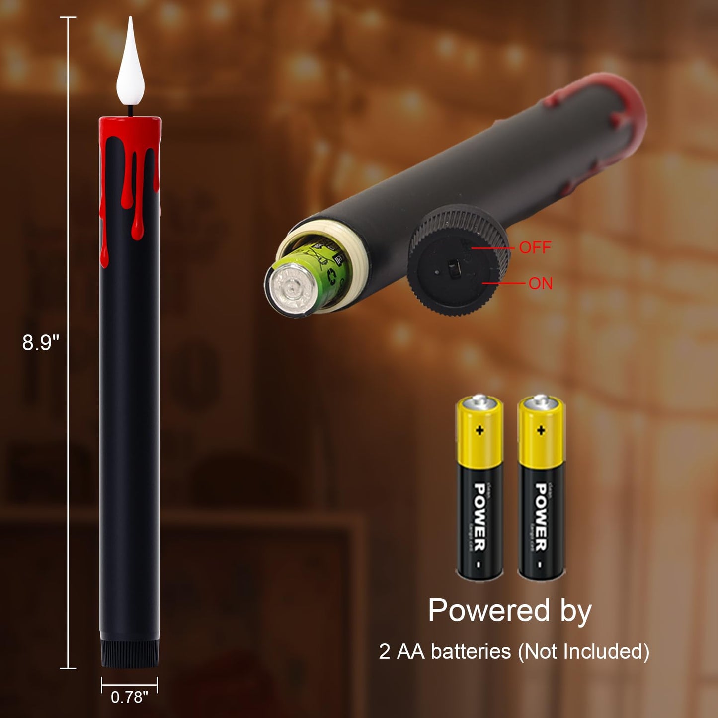 GenSwin Halloween Black Taper Flameless Candles Battery Operated with Remote Timer, 4 Pcs Drip Wax Flameless LED Candle Sticks with 3D Flickering Flame for Window Fireplace Decor (0.78 x 8.9 inches)