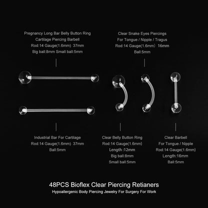 MixPiercing 48Pcs Clear Piercing Retainers Jewellery Plastic Nose Tongue Nipple Belly Bars Eyebrow Lip Labret Stud Septum Hoops Cartilage Industrial Tragus Earring Retainer For Surgery Mri
