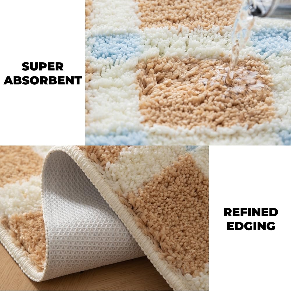 GIB Bathroom Runner Rug Mat 47" x 16", Extra Soft Absorbent Plush Fluffy Bath Rugs, Non-Slip Washable Bath Mats for Bathroom Floor Shower Bedroom Decor, Warm Beige Cream Checkered with Blue Accents