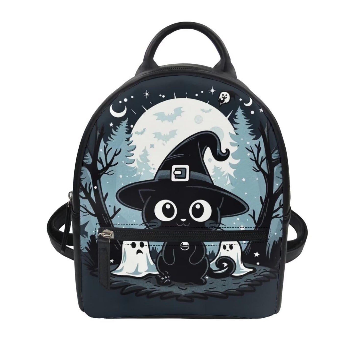 Showudesigns Halloween Backpack Purse for Women Mini Backpacks Black Cat Pu Leather Zipper Closure Shoulder Bags Casual Tote Bag Lightweight Tote Bag Daypack Rucksack Cute Ghost Handbag