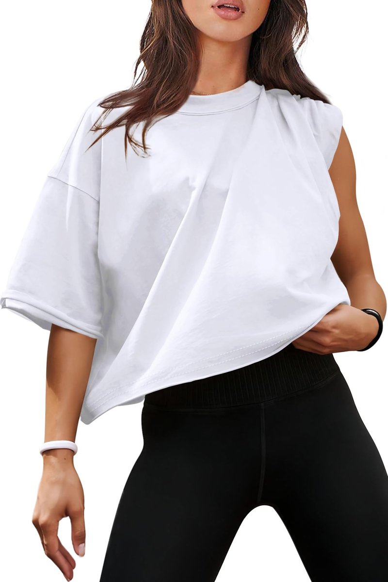 Summer Crop Tops for Women White Cotton Tshirts Short Sleeve Drop Shoulder Workout Yoga Tees L